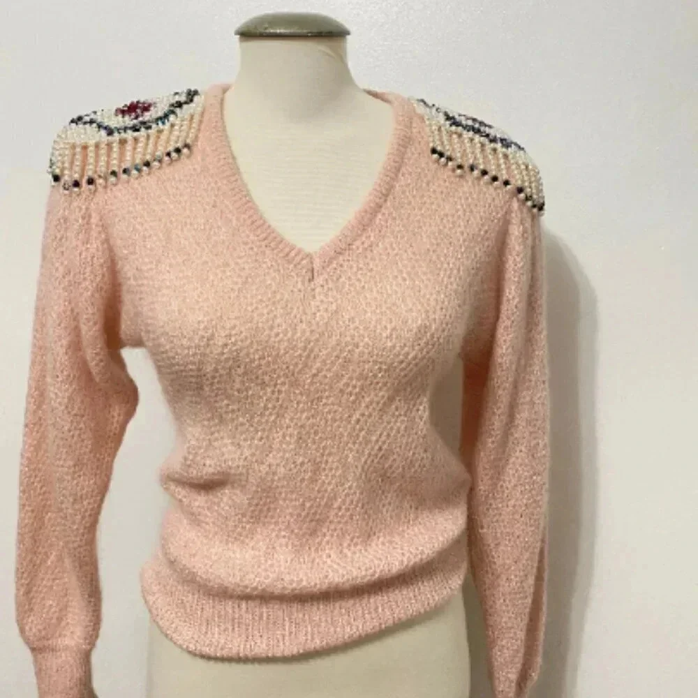 VINTAGE - Rare Giusi Slaviero Parma Italy Shoulder Tassel V-neck Sweater - Picture 4 of 10